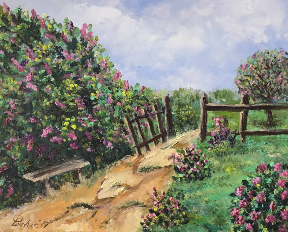 Vrt jorgovana, akril na platnu, 30×40, 2017